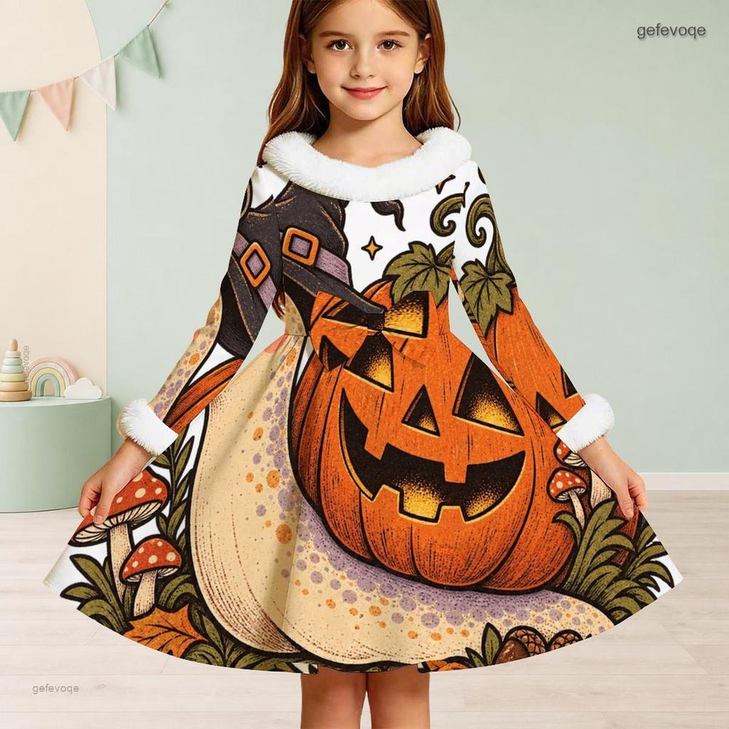 Girls High Neck Long Sleeve Halloween Black Cat Pumpkin Printed Fuzzy Trim A Line Dress