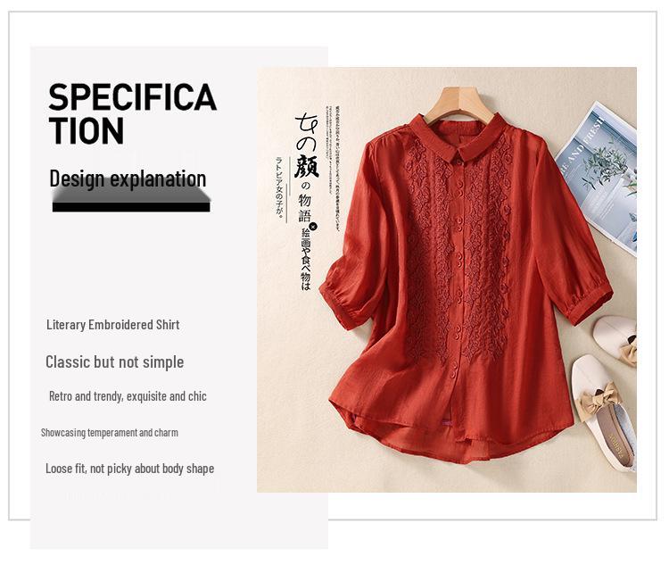2025 Summer Women's Seven-Sleeve Cotton Linen Shirt with Floral Embroidery and Retro Turn-Down Collar
