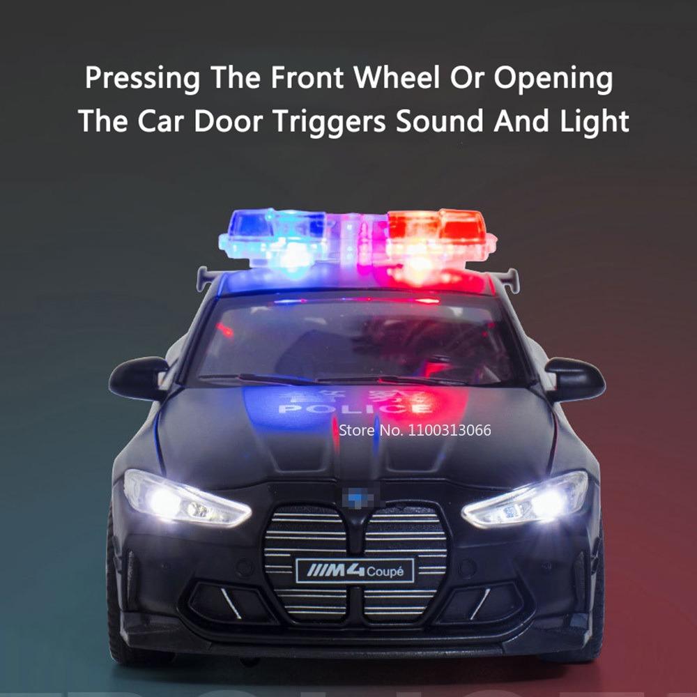 1:32 Metal M4 Police Cars Toy Models Rubber Tire Pull Back Vehicle Light Music Sports Car Miniature Toys Boyfriend Birthday Gift