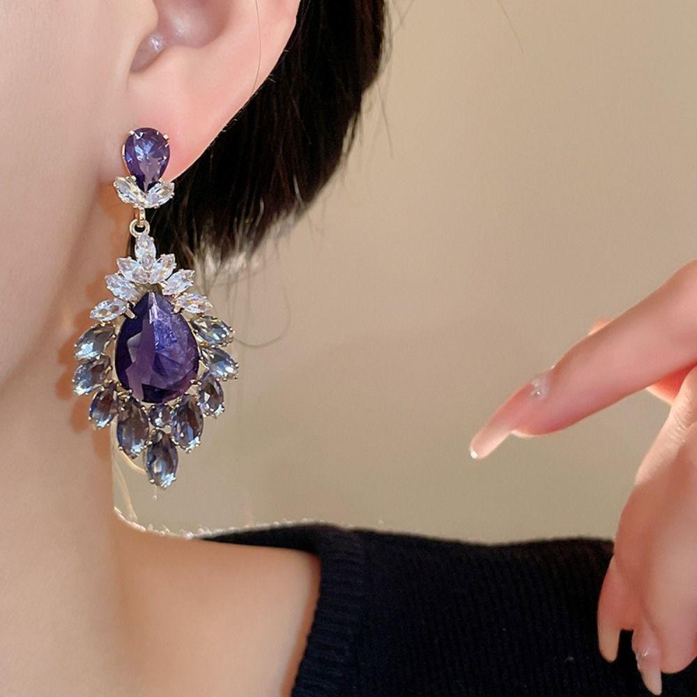 Light Luxury Rhinestone Drop Earrings Purple Zircon Ear Jewelry Vintage Crystal Earrings  Women