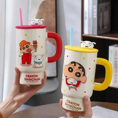 Taza Crayon Shin con Tapa Vaso con Pajita Taza Casual de Oficina Taza de Agua de Cerámica de Verano Gran Capacidad