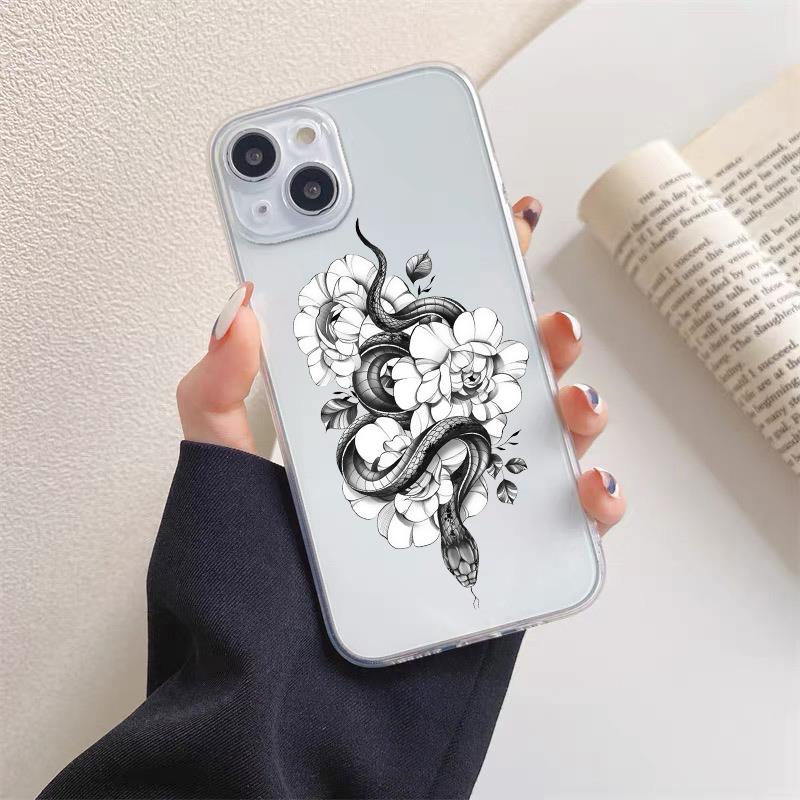 Luxurious Black White Flower Snake Clear Phone Case for IPhone X XR XS 14 13 12 11 Pro Max Mini 7 8Plus Unique Dragon Back Cover