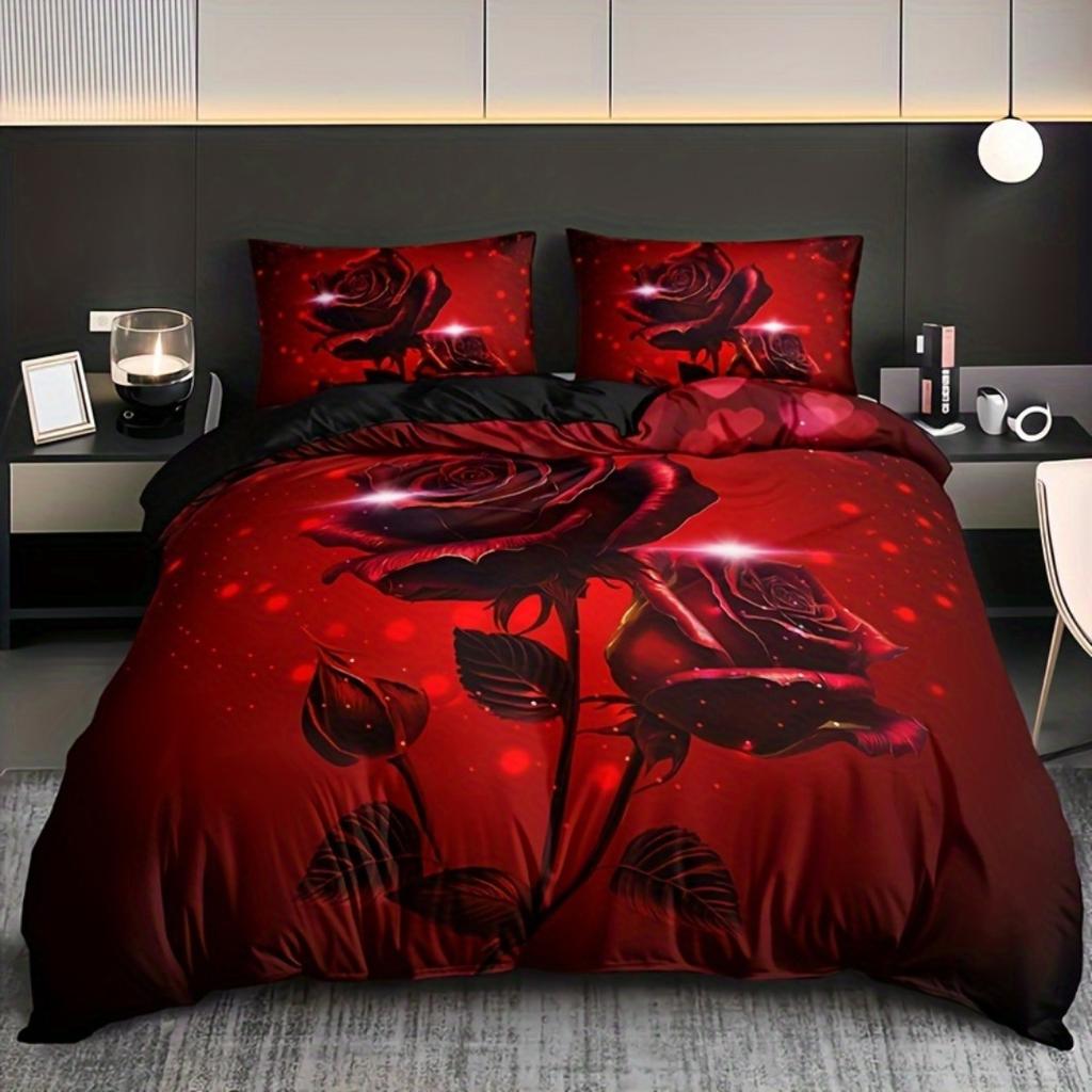 3pcs Red Rose Print Bedding Set Soft Comfortable Duvet Cover King Queen Twin Single Size Bithday Gift for Sister Room Decoration