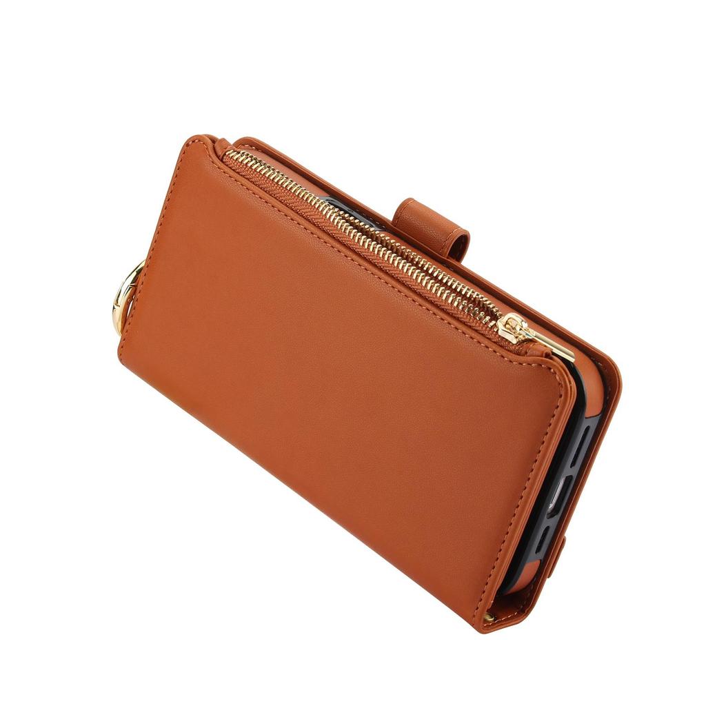 Etui Portfel Skórzany z Miejscami na Karty i Zamkiem Błyskawicznym Etui Klapka na Telefon dla IPhone 17 16 15 14 13 12 11 Pro Max Plus Promax 16e Pierścień Smycz Portmonetka
