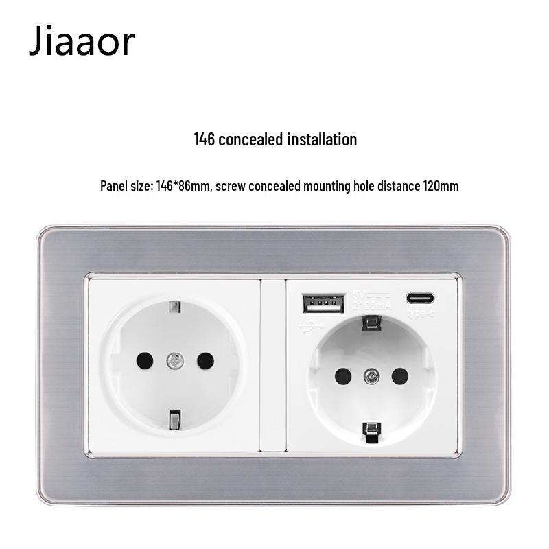Padrão Europeu Tipo 86 Painel de Interruptor e Tomada de Parede Duplo em Aço Inoxidável com USB-C, Estilo Alemão, Montagem de Parede Embutida.