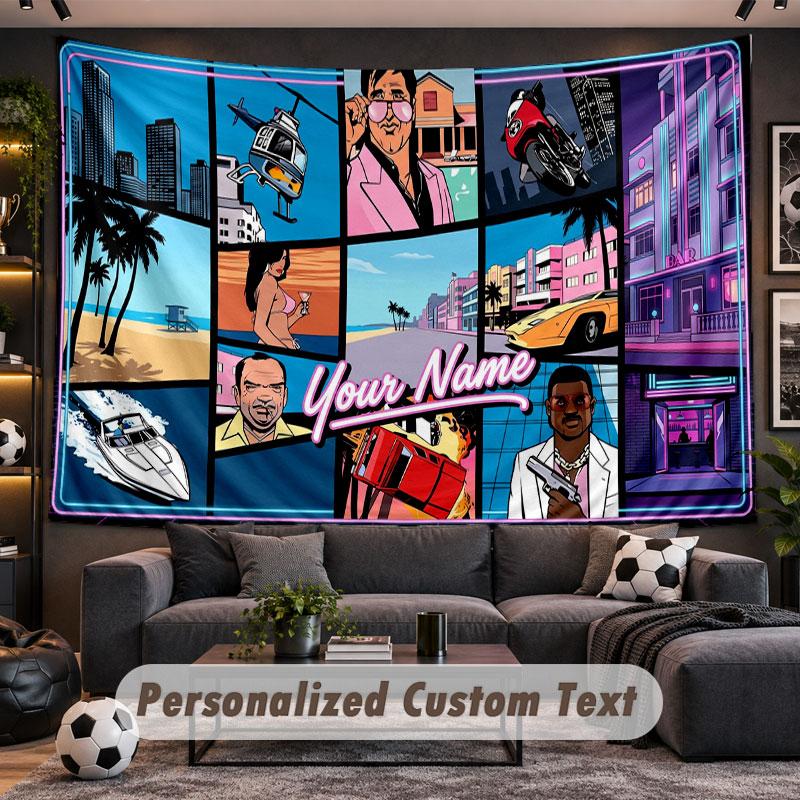 Wandbehang Wandteppich Benutzerdefinierter Name GTA Muster Personalisiert Bedruckter Stoff Wanddekoration