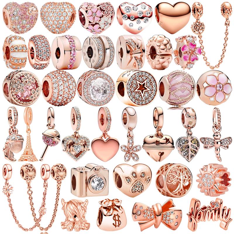 NEUER Rosegold Familienliebe Charm Anhänger Perle Blume Herz Clip Passend für Silberarmband DIY Schmuck Geschenk für Sie