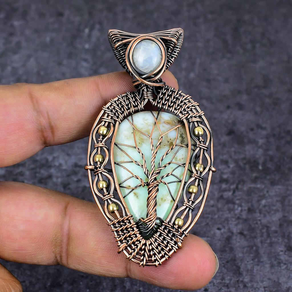 Natural Chrysoprase Gemstone Copper Wire Wrap Jewelry Pendant 2.96" ET-4644