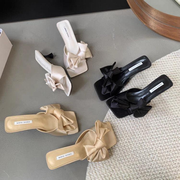 Korean version of high-end skirt slippers 2025 new bow versatile stiletto gentle fairy style high heels