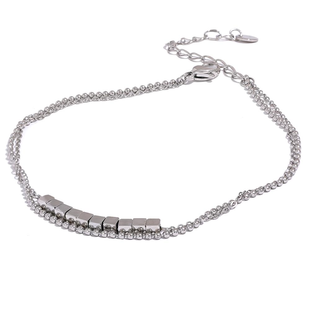 Yhpup Waterproof Stainless Steel Square Bead Chain Layered Anklet for Women Gold Color Statement Summer Sandy Beach Jewelry