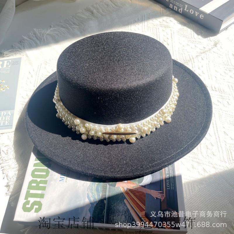 White Pearl Flat Top Woolen Top Hat Female Autumn and Winter British Retro Socialite Elegant French Wide Brim