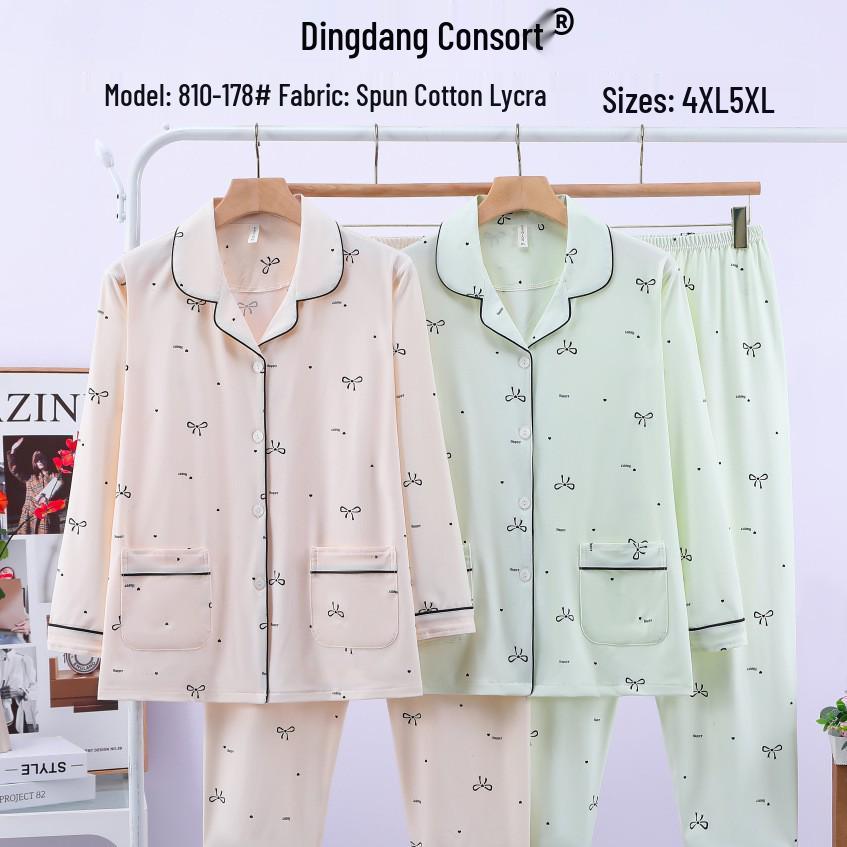 

Dingdang Guifei Women’s Autumn/Winter Two-Piece Pajama Set - Turn-Down Collar, Long Sleeve, Long Pants, Stylish & Comfortable Homewear 5XL світло-зелений колір
