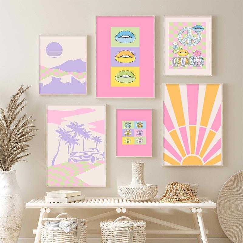 Retro Lippen Galerie Wanddrucke Trendige Sonnenuntergang Bunte Bilder Boho Rosa Ästhetik Ausgefallenes Leinwandgemälde für Wohnheim Teenagerzimmer Dekor