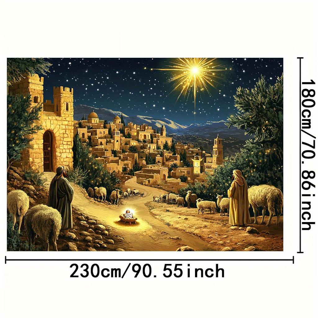 2D plane  1 piece of Bethlehem Christmas background cloth - starry night scene of shepherds and baby Jesus  durable polyester