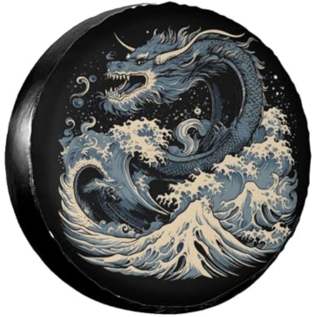 Japanese Dragon Wave Tire Cover Waterproof Sun Protection Spare Wheel Protector for RV SUV Truck