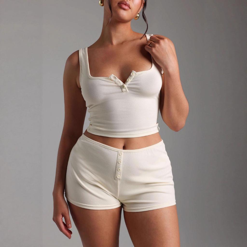 Trendy Women's Knit Sleeveless Vest and Shorts Set - Two-Piece Sporty Casual Lounge Wear.