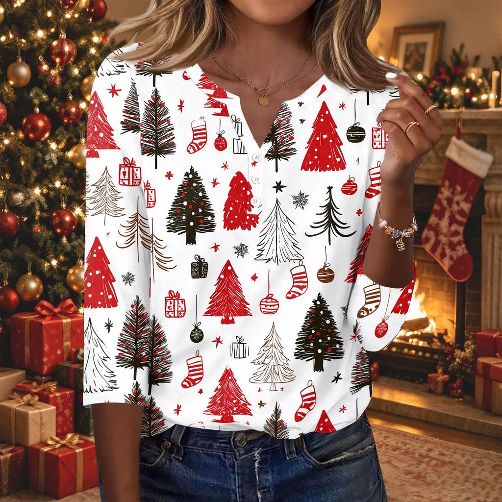 Women's Fashion Casual Christmas Print V-Neck Button Three-Quarter Sleeve T-Shirt Blouse