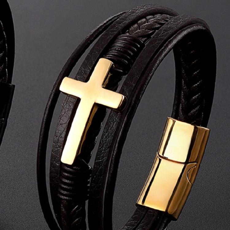 European American Stainless Steel Bracelet Men Crucifix Bracelet Leather Bangle