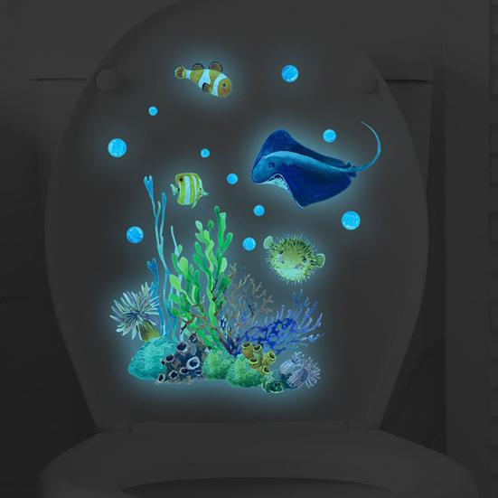 Glow In The Dark Toilet Sticker Under The Sea Toilet Seat Cover Sticker Sea Life Animals Removable Waterproof Peel