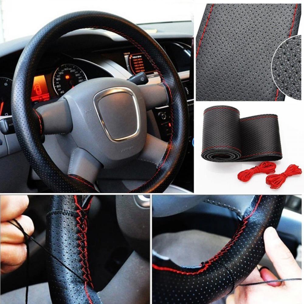 Car Truck Leather Steering Wheel Cover With Needles and Thread Black DIY AB