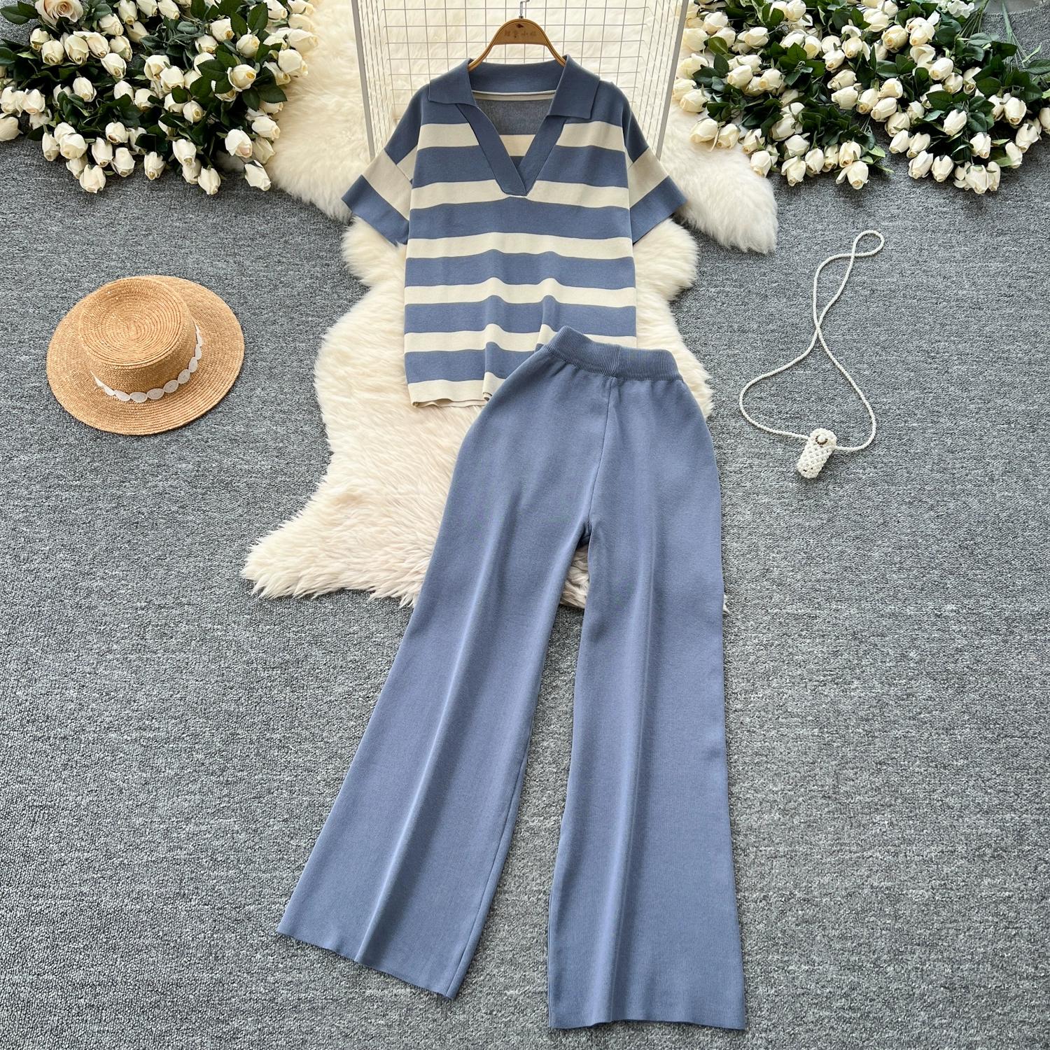 

Летний женский полосатый трикотажный свитер, брюки, комплект из двух предметов, женский свитер с воротником поло и спортивный костюм с брюками длиной до щиколотки One Size