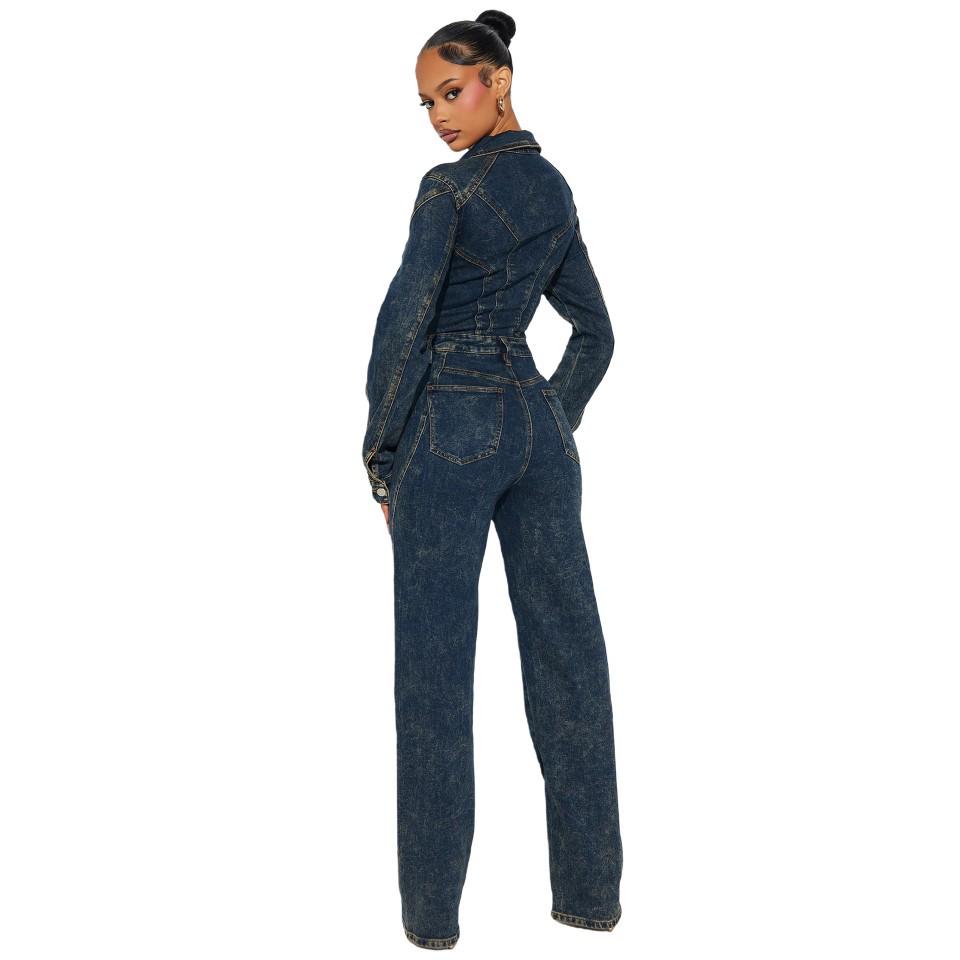 6039 Tie-Dye Washed Long Sleeve Patchwork Denim Jumpsuit Romper