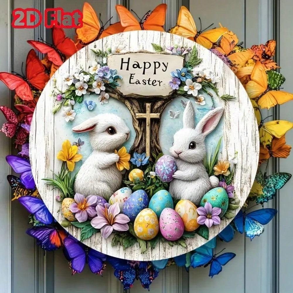 Metal Tin Sign Rabbit Easter Eggs Wall Art Rustic Porch Holiday Home Decor