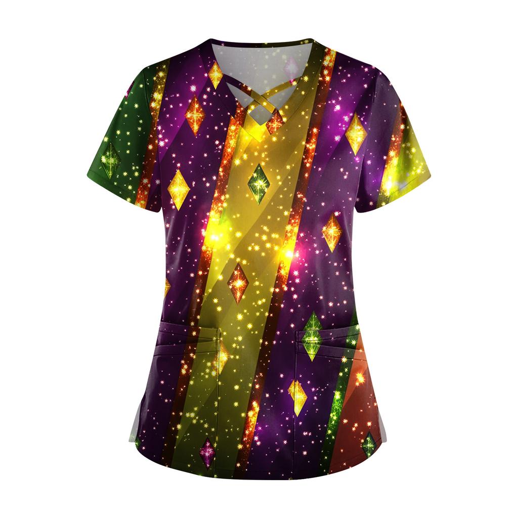 Dam Kortärmad Stagger V-ringad Tryck Ficka Torr-Topp