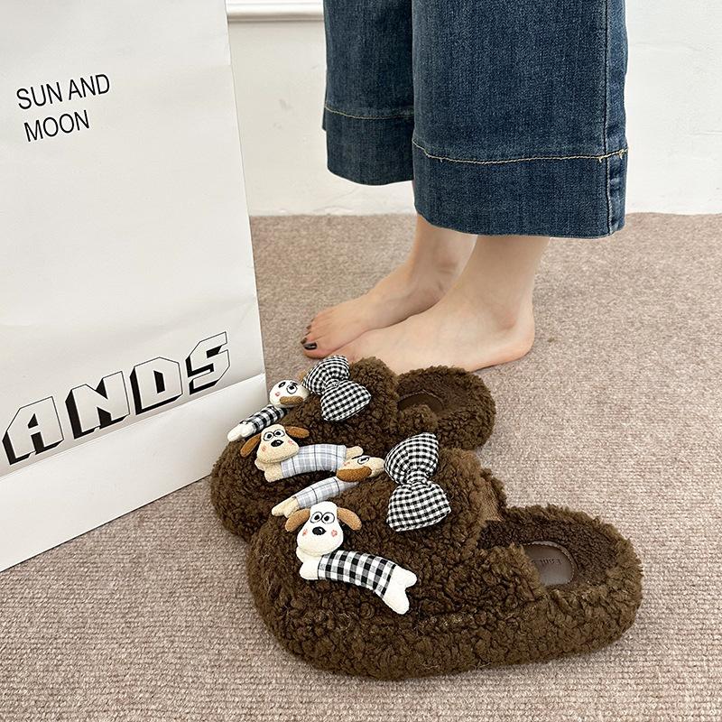 Cute Cartoon Puppy Hair Slippers Women Wear 2025 Autumn and Winter New Girl Heart Versatile Word Slippers Women