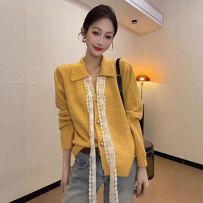 Spring Autumn Lace Pachwork Hollow Out Knitting Bandage Cardigan Sweater Women Sweet Casual Knitting Top