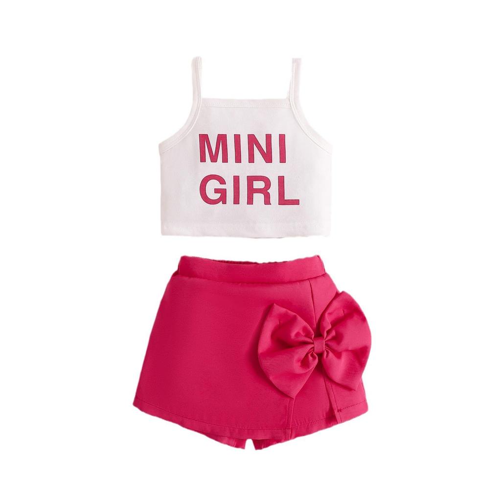 Girls' Casual Set Summer Children's Sweet Pink Letter Halter Top and Large Bow Culottes Set