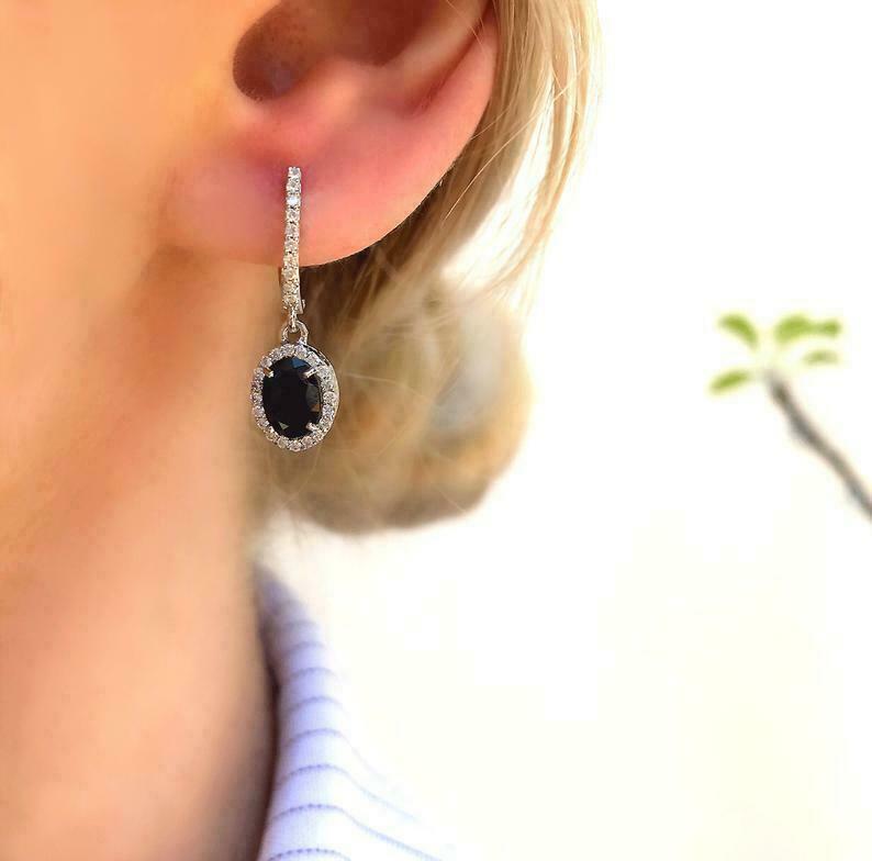 Genuine Natural Blue Sapphire Oval Halo Dangle Drop Silver Earrings  For MOM