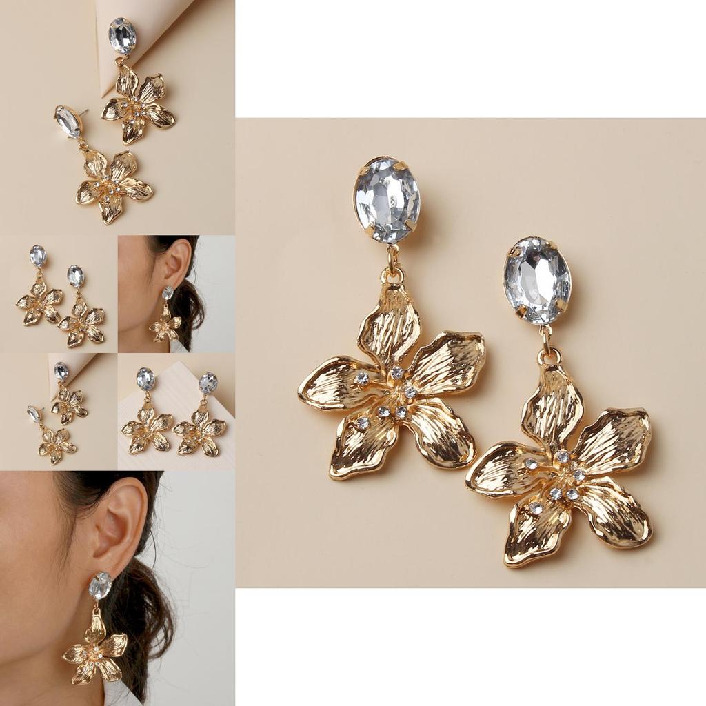 Gold Tone Floral Earrings With Sparkling Stones For Womens Office Wedding And Festive Wear