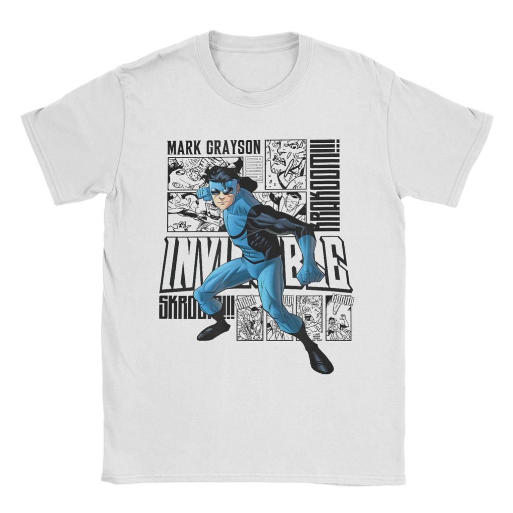 Invincible Blue Suit Collage T-Shirts Men Anime Cartoon Vintage Cotton Tee Shirt Crew Neck Short Sleeve T Shirts Party Clothes