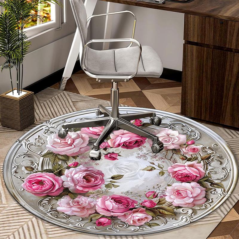 Floral Elegance In Pink Roses round carpet Chair cushion Round Entryway Rug, Soft Round Rugs for Living Room, Bedroom, Circle Carpet decor gifts