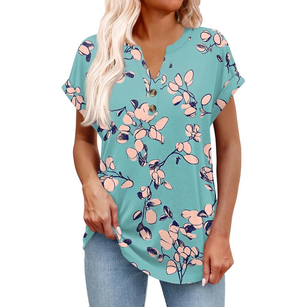 Top Pulôver Feminino Casual da Moda de Manga Curta com Decote em V, Botões e Estampa