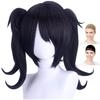 CaseEden Cosplay Wig, Short, Twin Tail with Bun, Heat-Resistant, Black Hair, Includes 2 Wig Nets