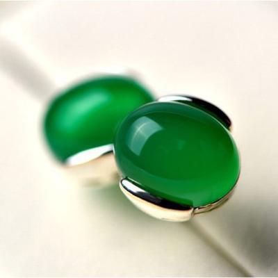 925 Sterling Silver Stud Earrings for Women Simple Chalcedony Eardrops Earrings Korean Style Light Luxury Minority Inlaid Jade Stud Earrings
