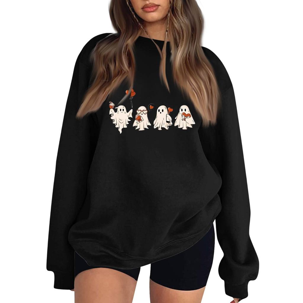 Women's Color Neck Long Sleeve Loose Fit Sweatshirt with Halloween Print