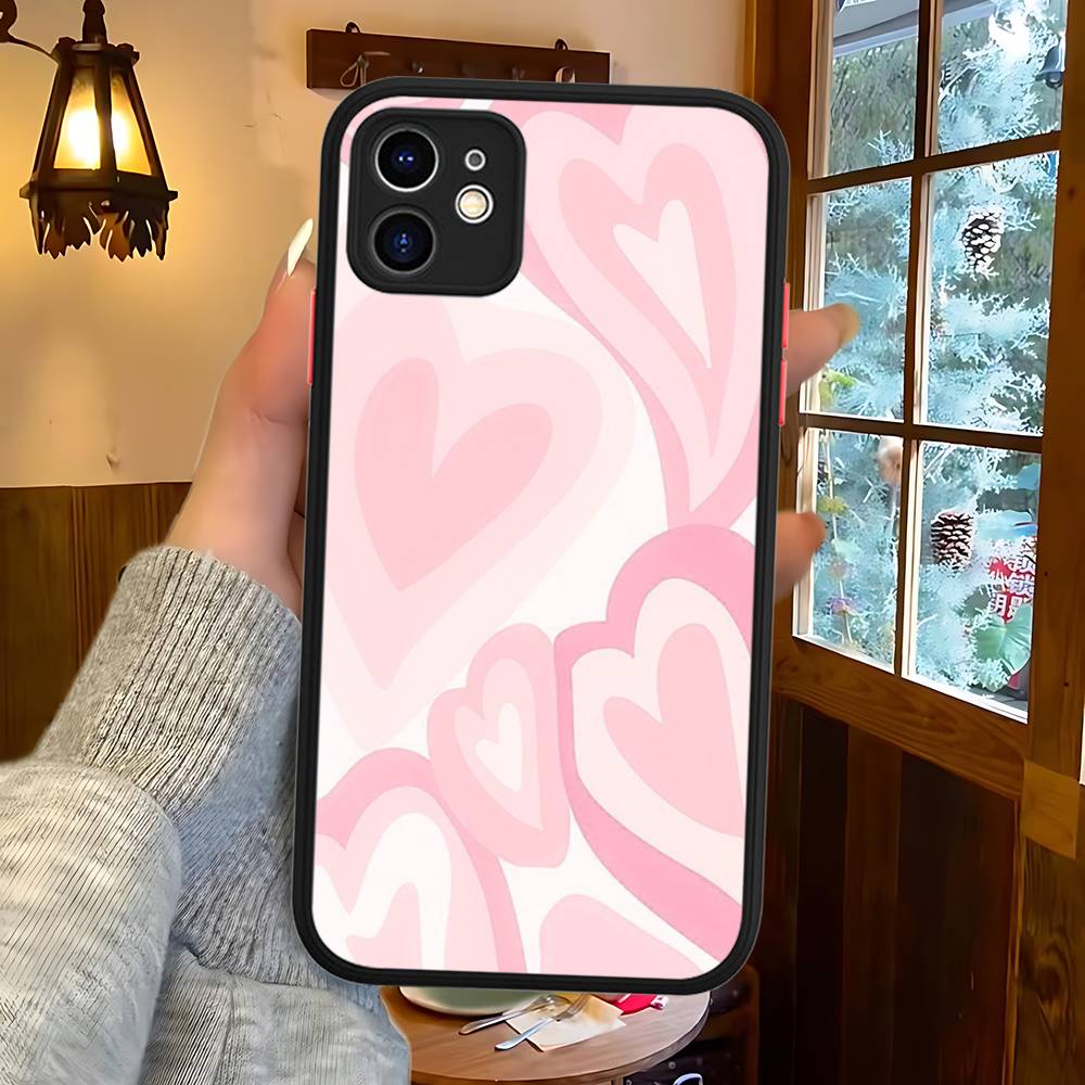INS Style Pink Heart Phone Case For IPhone 14 X XR XS 7 8 Plus 11 12 13 Pro MAX 13mini Matte Shockproof Case