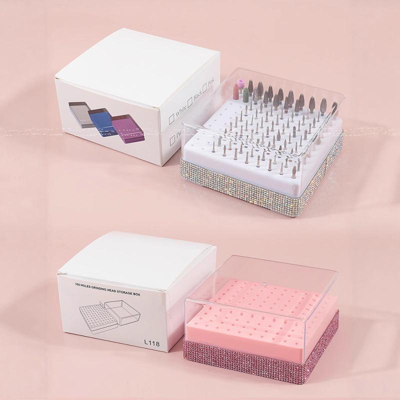 100 Holes Nail Drill Bit Holder  Bling Stand Display Organizer Dust Proof Storage Container Box Case Nail Salon
