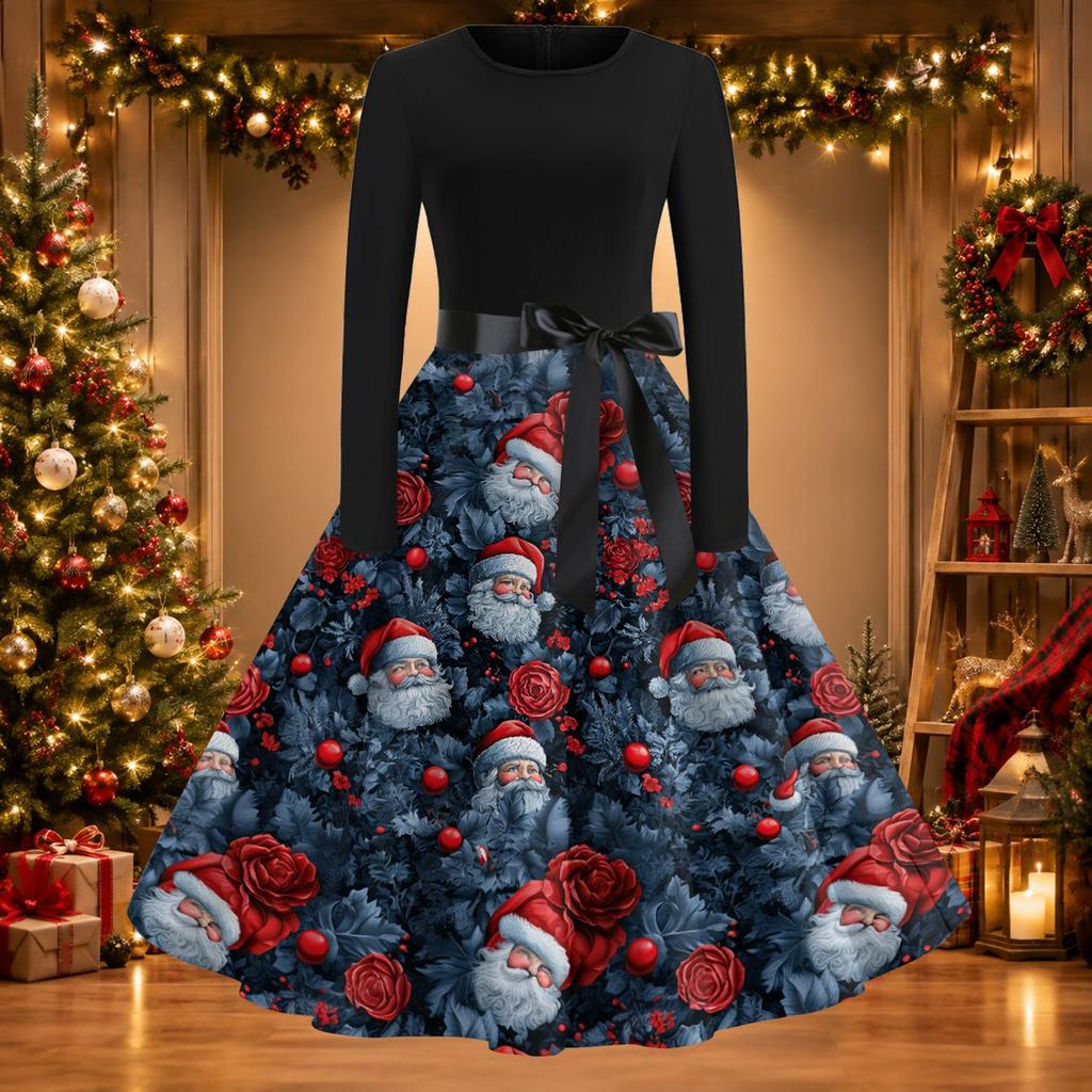 Women's Casual Christmas Print Dress, Round Neck Vintage Holiday Dress