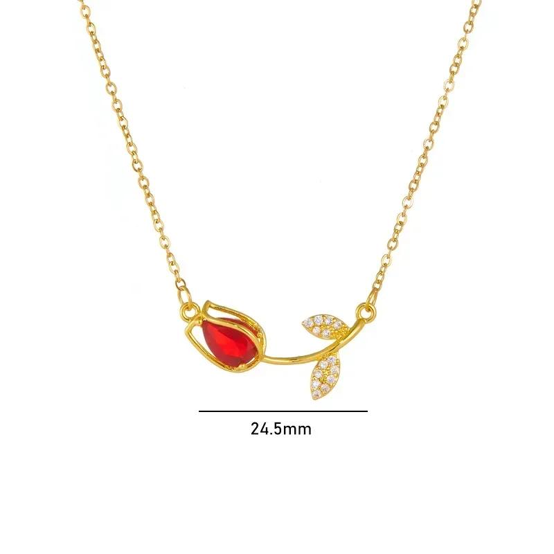 Sweet Colorful Zircon Tulip Pendant Necklaces for Women Girls Stainless Steel Chain Choker Trendy Jewelry Accessories Gifts