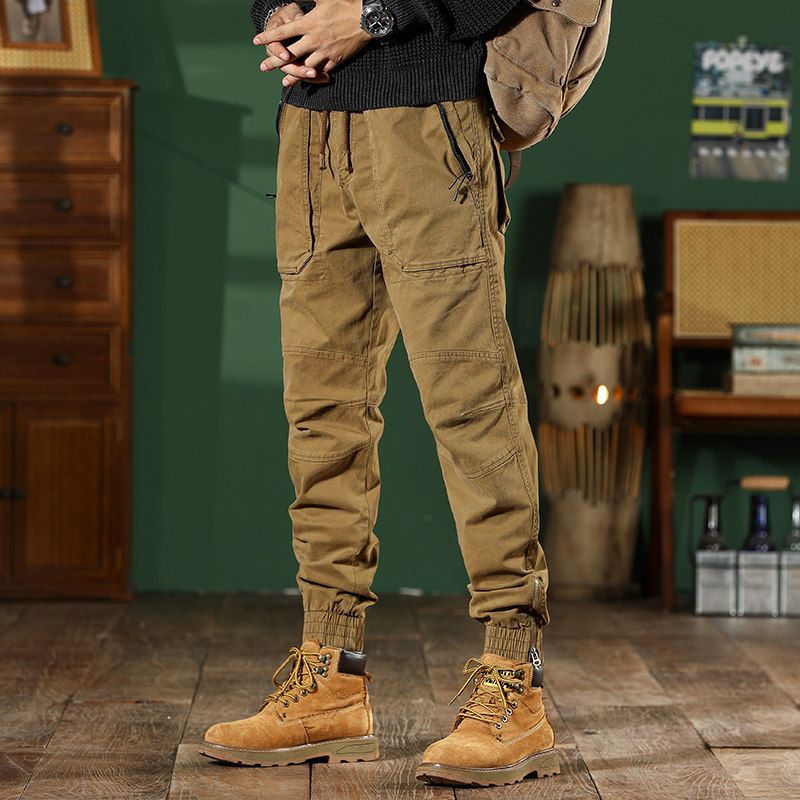 Men's Slim-Fit Camouflage Cargo Pants with Drawstring, Harem Style, Spring and Autumn Trendy Outdoor American Casual Long Pants