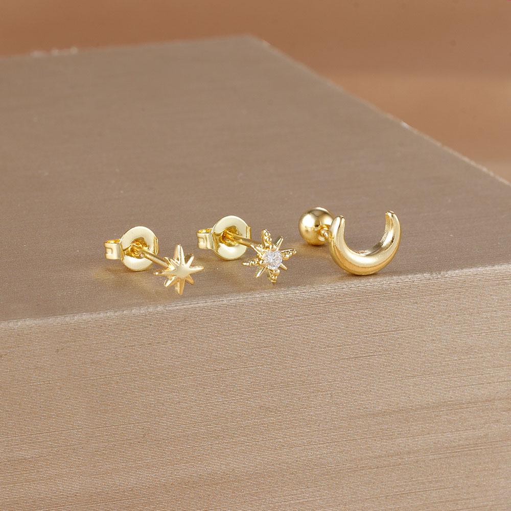3Piece Stainless Steel Star Moon Ear Stud Earrings Set Women Daily Wear Cartilage Piercing Earring Punk Unisex Rock Jewelry