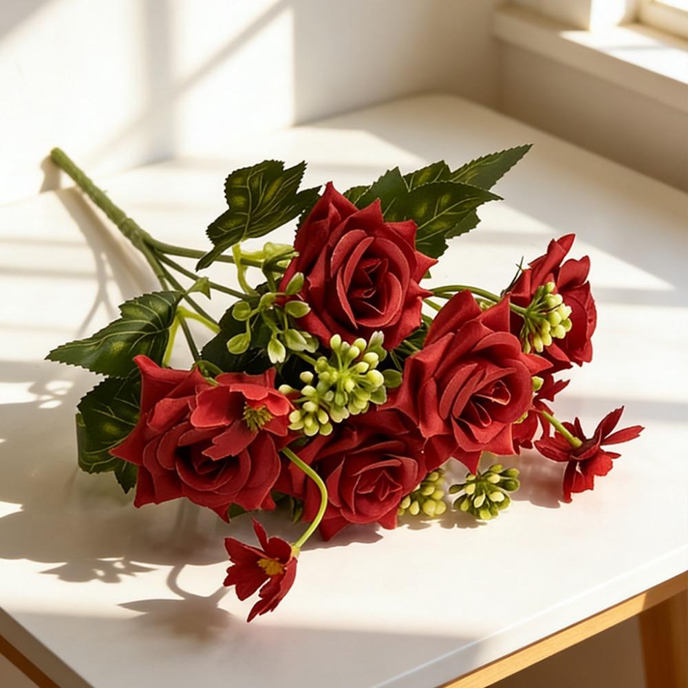 

5 Heads Roses Artifiical Flower Branch Flexible Stems 28cm Height Simulation Flower with Green Leaves Wedding Bouquet червоний