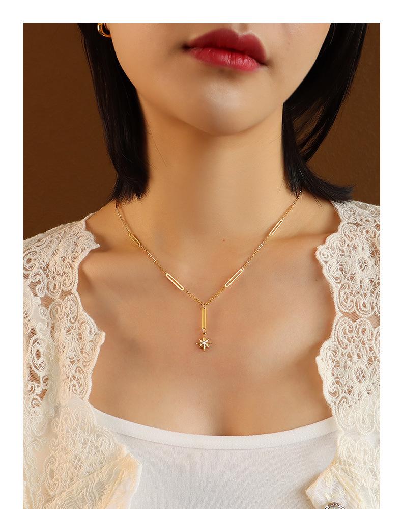 European Eight-Pointed Star Zircon Pendant Necklace, 18K Gold-Plated Titanium Steel with Tassel Lock Design for Women