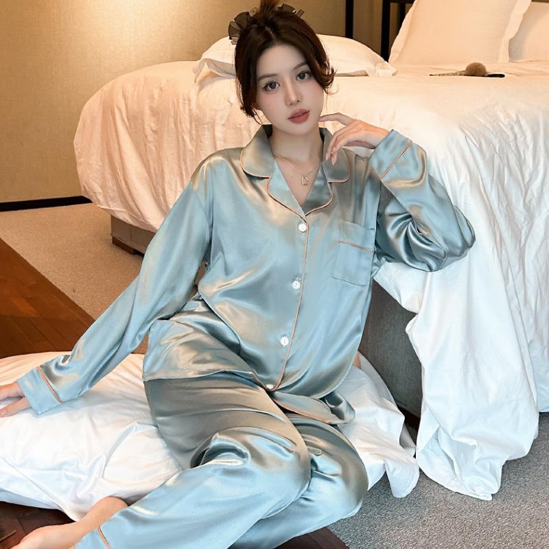 Französischer Langarm-Pyjama Cardigan Revers Design Sinn Loungewear Zweiteiliges Set Einfacher Und Bequemer Stil
