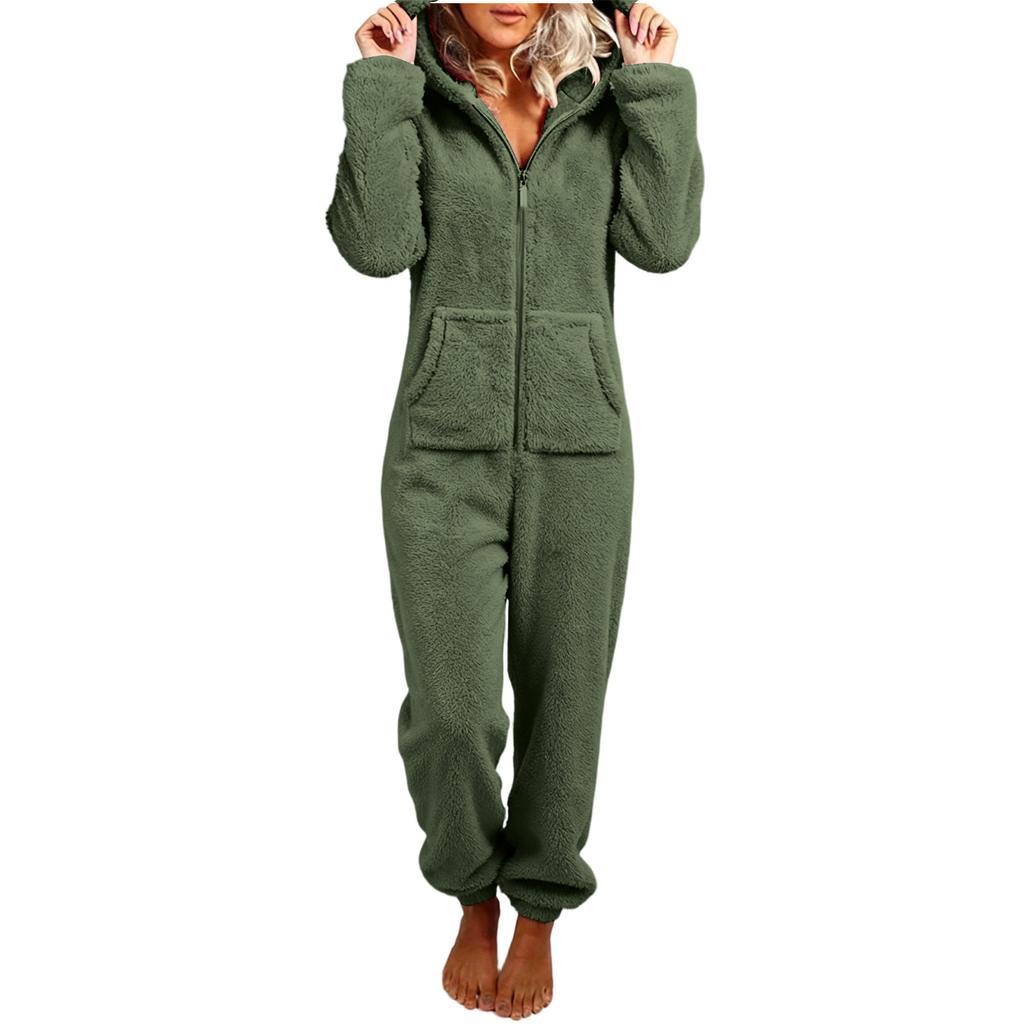 Women's Fashion Fleece-Lined Thickened Fleece Hooded Pyjamas With Zip-Up Onesie