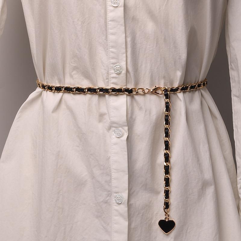 Love Pearl Heart Metal Chain Woven Waist Belt - Stylish Peach Heart Lady Cincher Chain